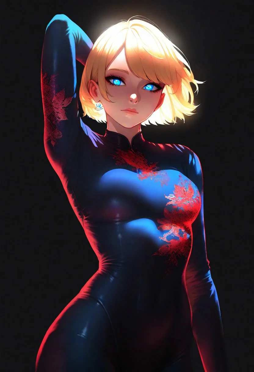 masterpiece, best quality, good quality, very aesthetic, absurdres, newest, 1girl, solo, looking at viewer, short hair, shirt, blonde hair, long sleeves, closed mouth, , blue eyes, standing, cowboy shot, earrings, arm up, lips, bodysuit, ballet, floral print, black background, arm behind head, butterfly,
Eye reflections, global illumination, ray tracing,bright eyes, simple background,
Lighting,Cool And red Lighting,backlit, backlighting, <lora:ponyv5_noobV065S_1_adamW-000013:0.7> <lora:USNR_STYLE_XL_lokr:0.5> <lora:EtherSDXL:0.15> <lora:748cmSDXL:0.3> <lora:backlitILL:0.8>