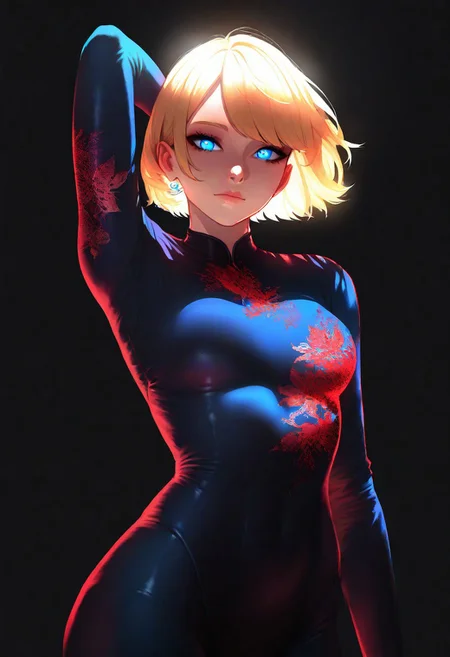 masterpiece, best quality, good quality, very aesthetic, absurdres, newest, 1girl, solo, looking at viewer, short hair, shirt, blonde hair, long sleeves, closed mouth, , blue eyes, standing, cowboy shot, earrings, arm up, lips, bodysuit, ballet, floral print, black background, arm behind head, butterfly,
Eye reflections, global illumination, ray tracing,bright eyes, simple background,
Lighting,Cool And red Lighting,backlit, backlighting, <lora:ponyv5_noobV065S_1_adamW-000013:0.7> <lora:USNR_STYLE_XL_lokr:0.5> <lora:EtherSDXL:0.15> <lora:748cmSDXL:0.3> <lora:backlitILL:0.8>
