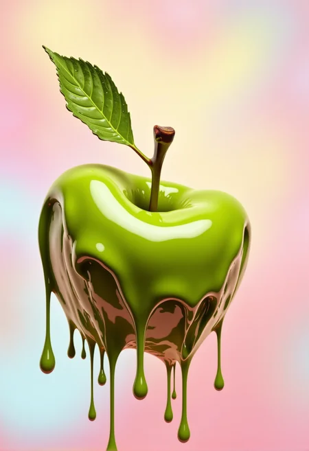 bv-colpaidri. A stylized apple dripping with glossy paint, each droplet forming a small reflection, the leaf highlighted and untouched, background in ethereal glow, <lora:bv-colorful-paint-dripping-v1.safetensors:1.0:1.0>