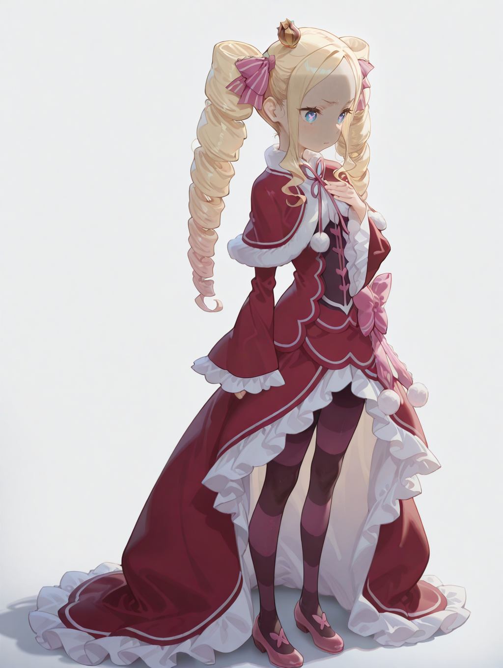 perfect quality,high quality,masterpiece,best quality,amazing quality,very aesthetic,absurdres,Cinematic Lighting,newest,Tactical use of shadow,
front view,full_shot,Shock,
BeatriceCYQL,1girl,solo,blonde hair,drill hair,long hair,twintails,twin drills,sidelocks,ribbon,hair ribbon,blue eyes,symbol-shaped pupils,crown,mini crown,dress,capelet,red capelet,fur-trimmed capelet,fur trim,pantyhose,striped pantyhose,striped,long sleeves,frills,frilled sleeves,red dress,frilled dress,shoes,pink footwear,bow,wide sleeves,
full body,standing,hands_on_own_chest,,
silver  background,simple background,
<lora:ponyv4_noob1_2_adamW:0.6>,<lora:spo_sdxl_10ep_4k-data_lora_webui:0.6>,<lora:USNR STYLE_XL_loha:0.45>,<lora:HG2512 by CYQL:0.9>,HG2512,usnr,,<lora:BeatriceCYQL:1>,