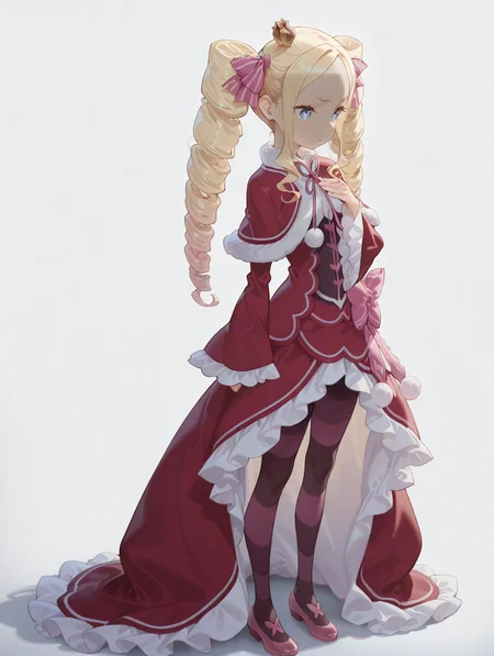perfect quality,high quality,masterpiece,best quality,amazing quality,very aesthetic,absurdres,Cinematic Lighting,newest,Tactical use of shadow,
front view,full_shot,Shock,
BeatriceCYQL,1girl,solo,blonde hair,drill hair,long hair,twintails,twin drills,sidelocks,ribbon,hair ribbon,blue eyes,symbol-shaped pupils,crown,mini crown,dress,capelet,red capelet,fur-trimmed capelet,fur trim,pantyhose,striped pantyhose,striped,long sleeves,frills,frilled sleeves,red dress,frilled dress,shoes,pink footwear,bow,wide sleeves,
full body,standing,hands_on_own_chest,,
silver background,simple background,
<lora:ponyv4_noob1_2_adamW:0.6>,<lora:spo_sdxl_10ep_4k-data_lora_webui:0.6>,<lora:USNR STYLE_XL_loha:0.45>,<lora:HG2512 by CYQL:0.9>,HG2512,usnr,,<lora:BeatriceCYQL:1>,