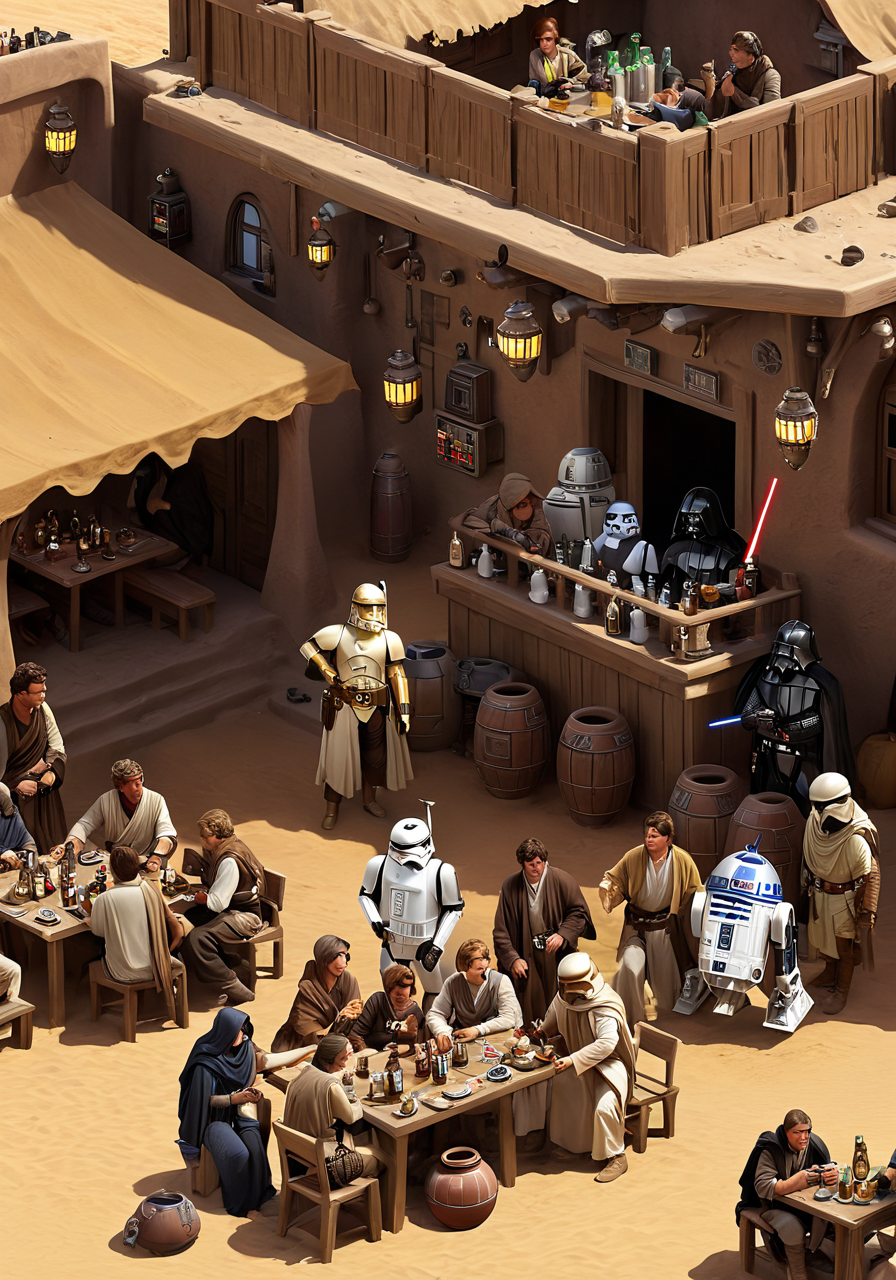 a group of people at a tavern on tatooine, <lora:wisosdxl:0.8>, wisosdxl, best quality, masterpiece, isometric scene, ghetto, sci-fi, star wars, tables,