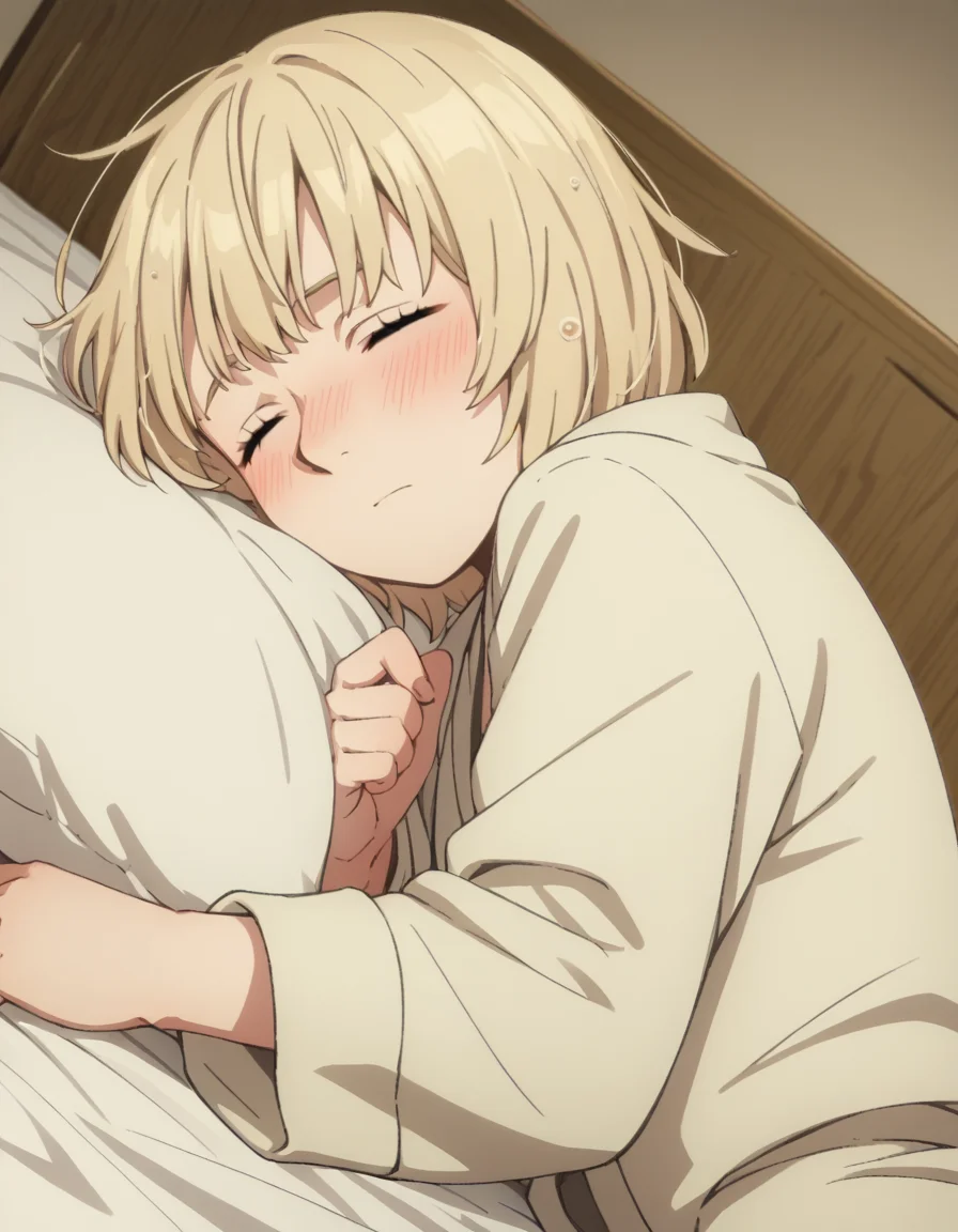 score_9, score_8_up, score_7_up, source_anime,
falintouden, <lora:falin-touden-s1-ponyxl-lora-nochekaiser:1>,
falin touden, short hair, blonde hair, closed eyes,
robe, long sleeves, open clothes,
indoors, bed, bed room, on side, blush, drunk,
looking at viewer, solo, cowboy shot, dutch angle,