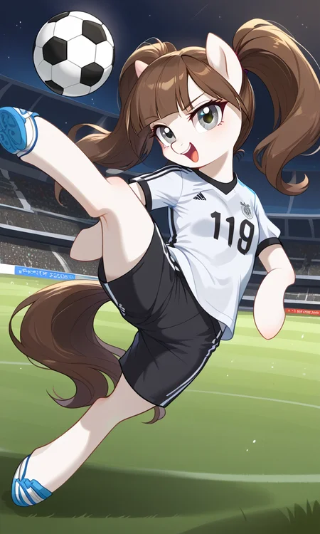 score_9, ,k'r4, white fur, grey eyes, brown hair, twintails, soccer shirt, soccer shorts, trainers, kicking ball, scoring a goal, soccer girl, soccer ball, dynamic pose, stadium, source_pony, ntm