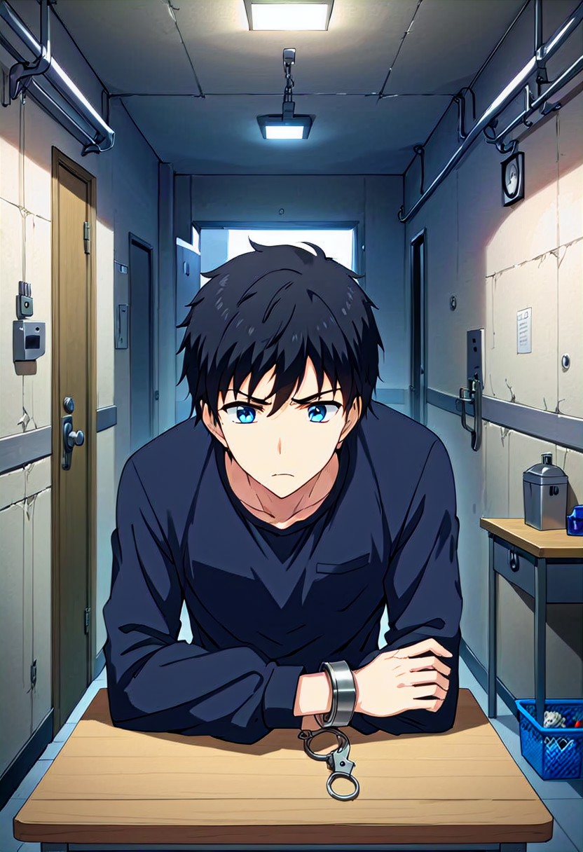 high resolution, solo, best quality, 1Boy, Arata Kaziaki, Black Hair, Blue Eyes, handcuff, introgation room, table, basement, fugitive,