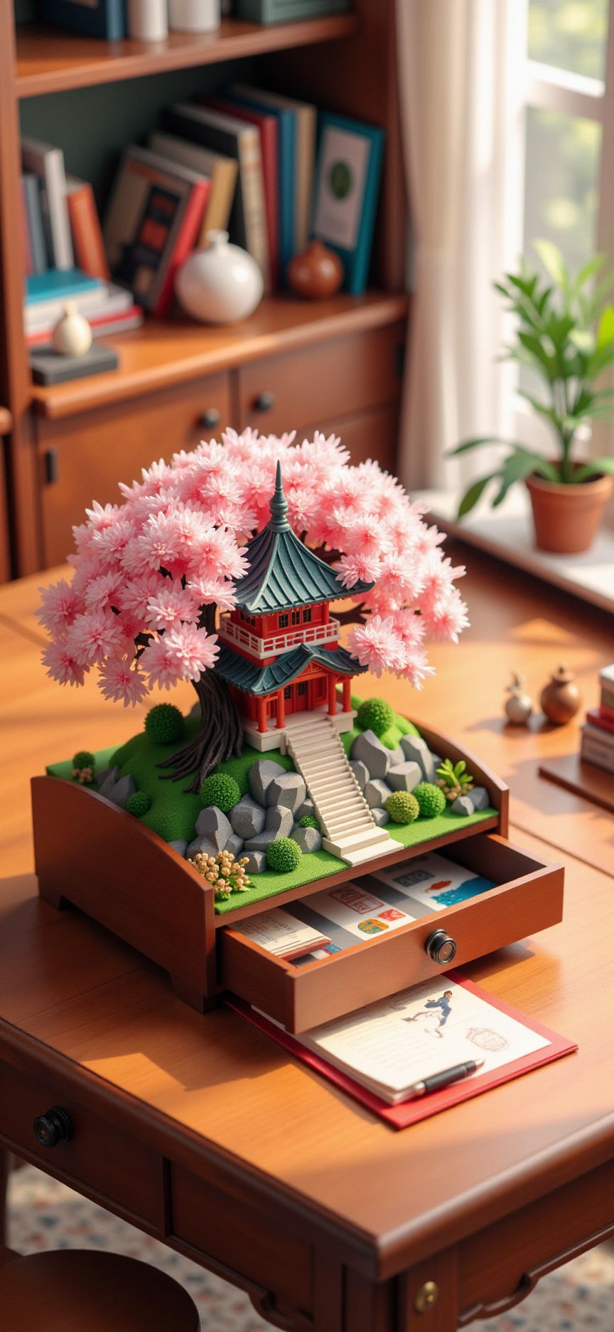(indoors,indoor,isometric view,side view,tilt-shift lens:2), (in the style of ck-sfc,fna_style,fna_style,a scene from a pop-up,card letter:2),(cherry blossom tree with temple:1.3)  (in opened drawer:3) (on table at study:3) <lora:Fantasy_Novel_Art_Style:1><lora:ck-plastic-models:1> <lora:Pop-up_Book_Papercraft_Plotter_FLUX:1>