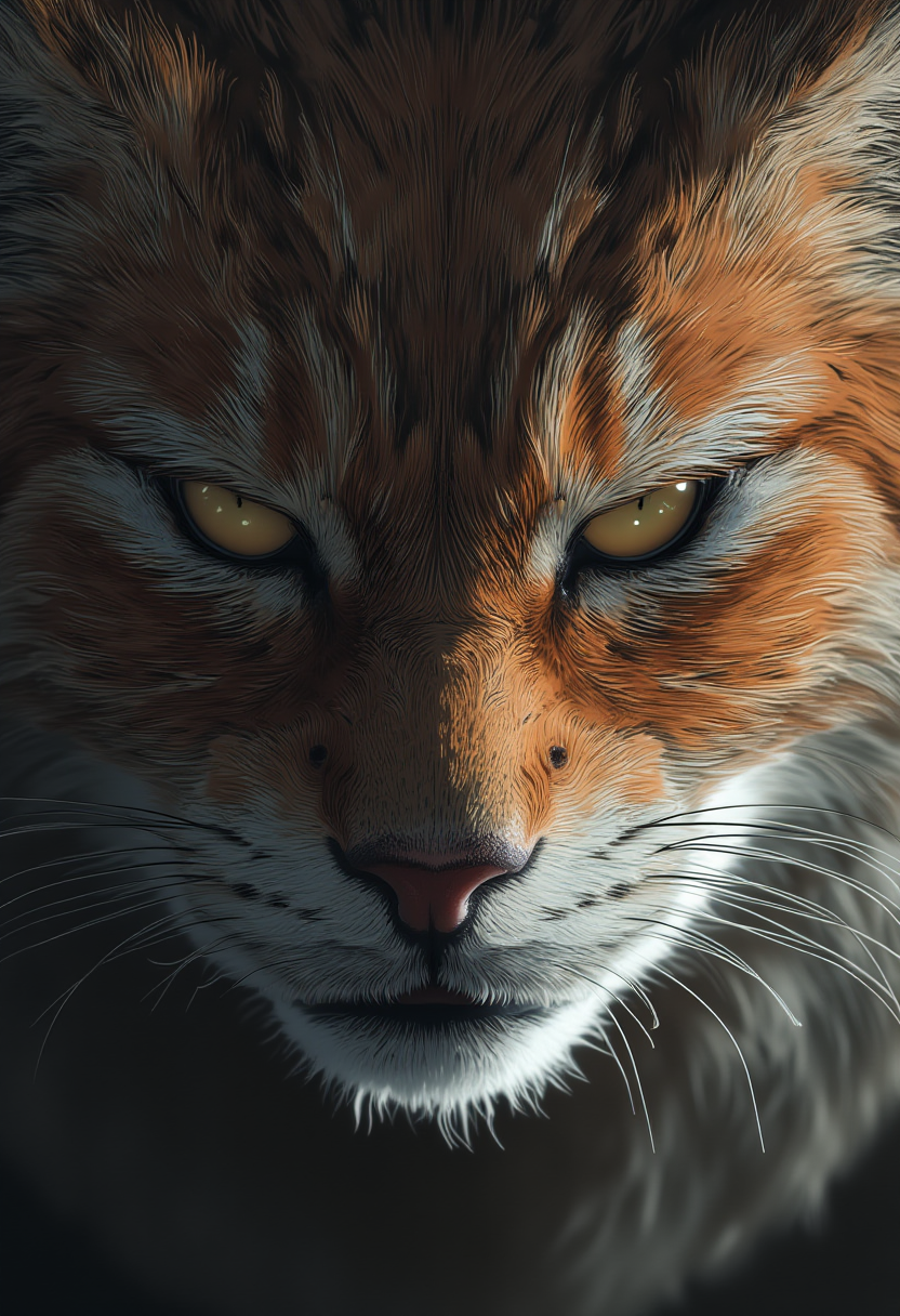 digital artwork, [ cat | human ], looking at the viewer half face covered in fur, whiskers,  closed mouth, detailed, sharp focus,  <lora:MJanime_flux_lora_v2:1>