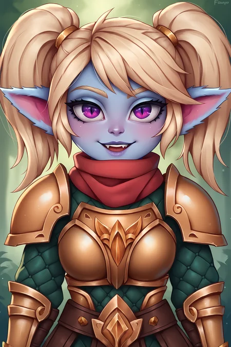 score_9, score_8_up, score_7_up, score_6_up, BREAK, PoppyLoLXLv2, blue skin, colored skin, shortstack, yordle, purple eyes, blonde hair, twintails, pointy ears, medium breasts, golden armor, armor shoulder, red scarf, breastplate, green snakeskin shirt, solo, front view, (portrait, upper body), solo focus, seductive smile, looking at viewer, forest <lora:PoppyLoLXLv2:0.8>