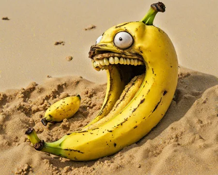 A banana FaVGoneBad on the sandy beach floor <lora:Fruits_and_Vegetables_gone_bad_-_SDXL_LoRA:0.8>