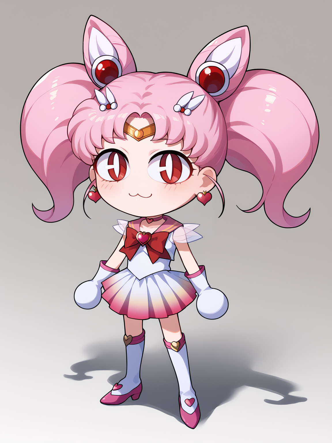 score_9, score_8_up, score_7_up, BREAK,
1girl, necoarc, cat ears,
chibiusa, pink hair, twintails, cone hair bun, double bun, red eyes, earrings, hair ornament, tiara, hairpin,
red bow, heart brooch, bow, brooch, white elbow gloves, heart choker, magical girl, multicolored clothes, multicolored pleated skirt, pink sailor,
standing, chibi, slit pupils, solo, full body, white background <lora:necoarc-guy-PONY-v1:1>    <lora:ChibiusaXL:1>