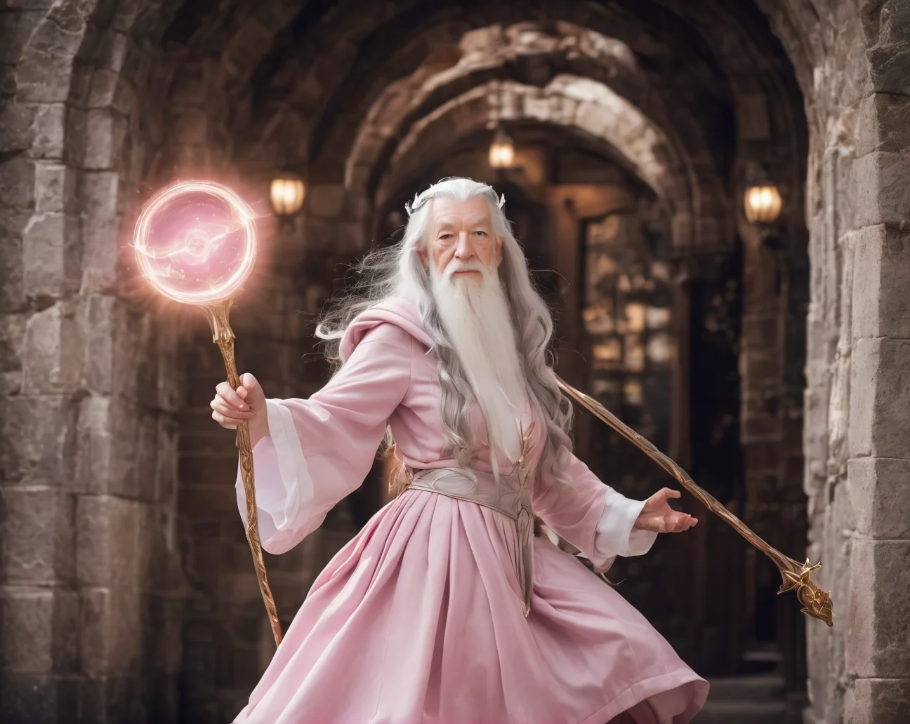 upper body angle, magical girl wearing pink cute dress skirt, mahou shoujo, (gandalf the white lord of the ring elderly:1.35) cosplaying as magical girl, kawaiicore cinematic photograph, movie shots