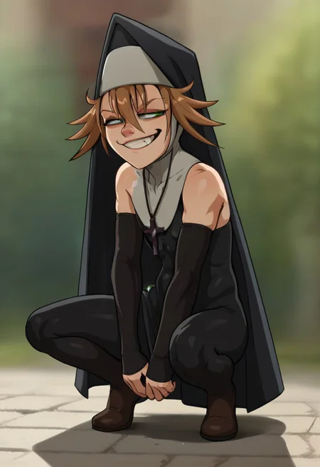 score_9, score_8_up, score_7_up,  <lora:add-detail-xl:3>,
BREAK
<lora:Sister_Theodosia:0.8>, toddy, brown hair, green eyes, habit, nun , nun dress, elbow gloves, cross necklace,
BREAK
solo, squatting, smug,upper body,
