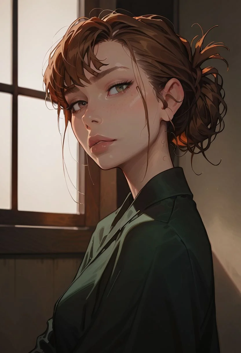 score_9, score_8_up, score_7_up,((green colour kimono dress:1.2)),18yo,hair pin,single side bun,folded ponytail,bangs, light freckles,green colour silk wraps, emotionless face, small breasts, thick thighs, on her knees, kneeling, knee open wider,looking at viewer, dark theme, low light, in a dojo,detailed interior dojo:1.2,Expressiveh,g0thicPXL
(portrait)_focus,portrait,photorealistic,from side,moody lighting,professional lighting, high quality,concept art,warm tone ,evening light through the window,slender
aisaka taiga, 1girl, solo,brown hair,flat chest, black thighhighs ,detailed eyes