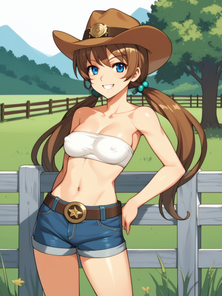 score_9, score_8_up, score_7_up, score_6_up, BREAK masterpiece, perfect face, perfect hands, high quality, source_cartoon, BREAK (1girl, solo,) <lora:Renka_Misaki_-_Akiba_Girls:1> renka, long hair, brown hair, twintails, blue eyes, bandeau, denim short shorts, cowboy hat, cowboy boots, covered nipples, smirk, outdoors, green field, barn, wood fence,