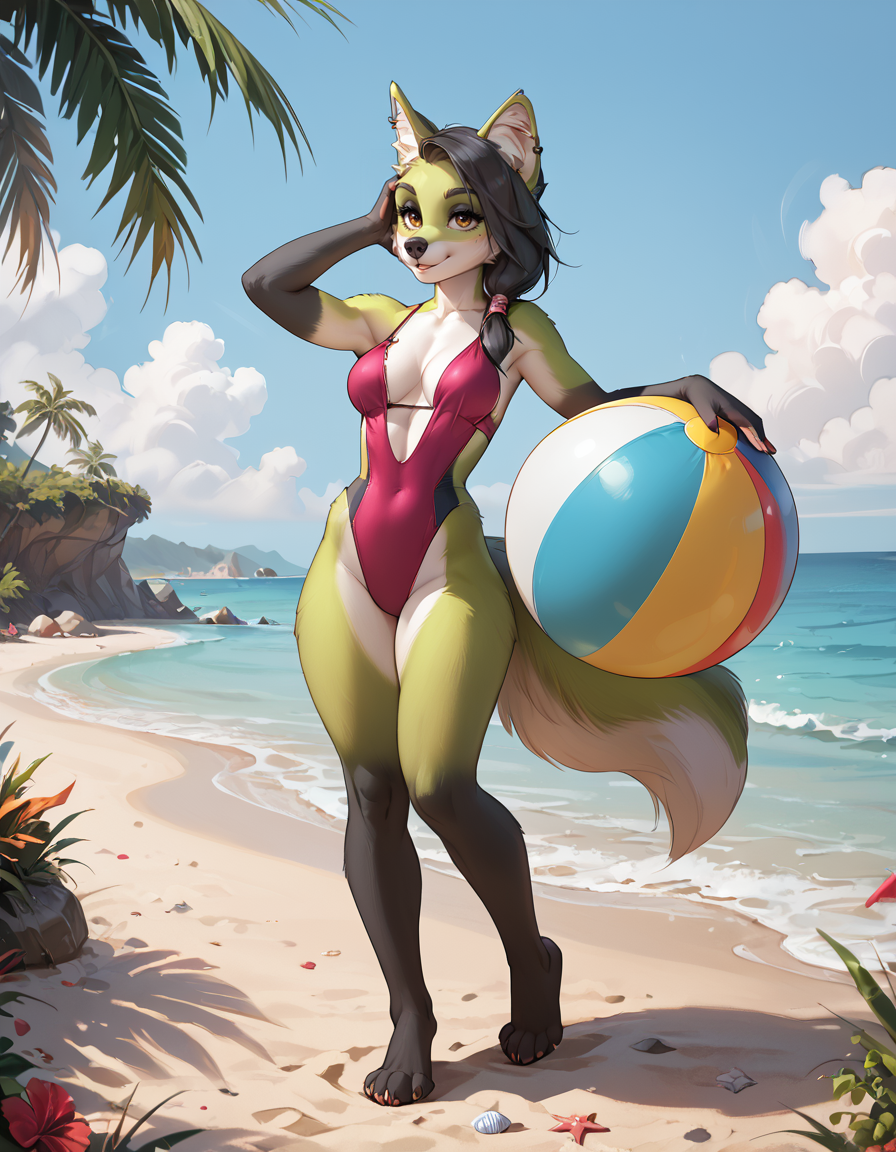 score_9,score_8_up,score_7_up,score_6_up,
outdoors,beach, swimsuit, beachball, standing, posing, full body, seductive smile, parted lips, long eyelashes, 
<lora:Valentina_v01_PDXL:1>,
valentina,1girl,solo,furry female,black hair,animal ears,animal ear fluff,ear piercing,brown eyes,snout,animal nose,body fur,two tone fur,green fur,white fur,tail,
<lora:add-detail-xl:1>,