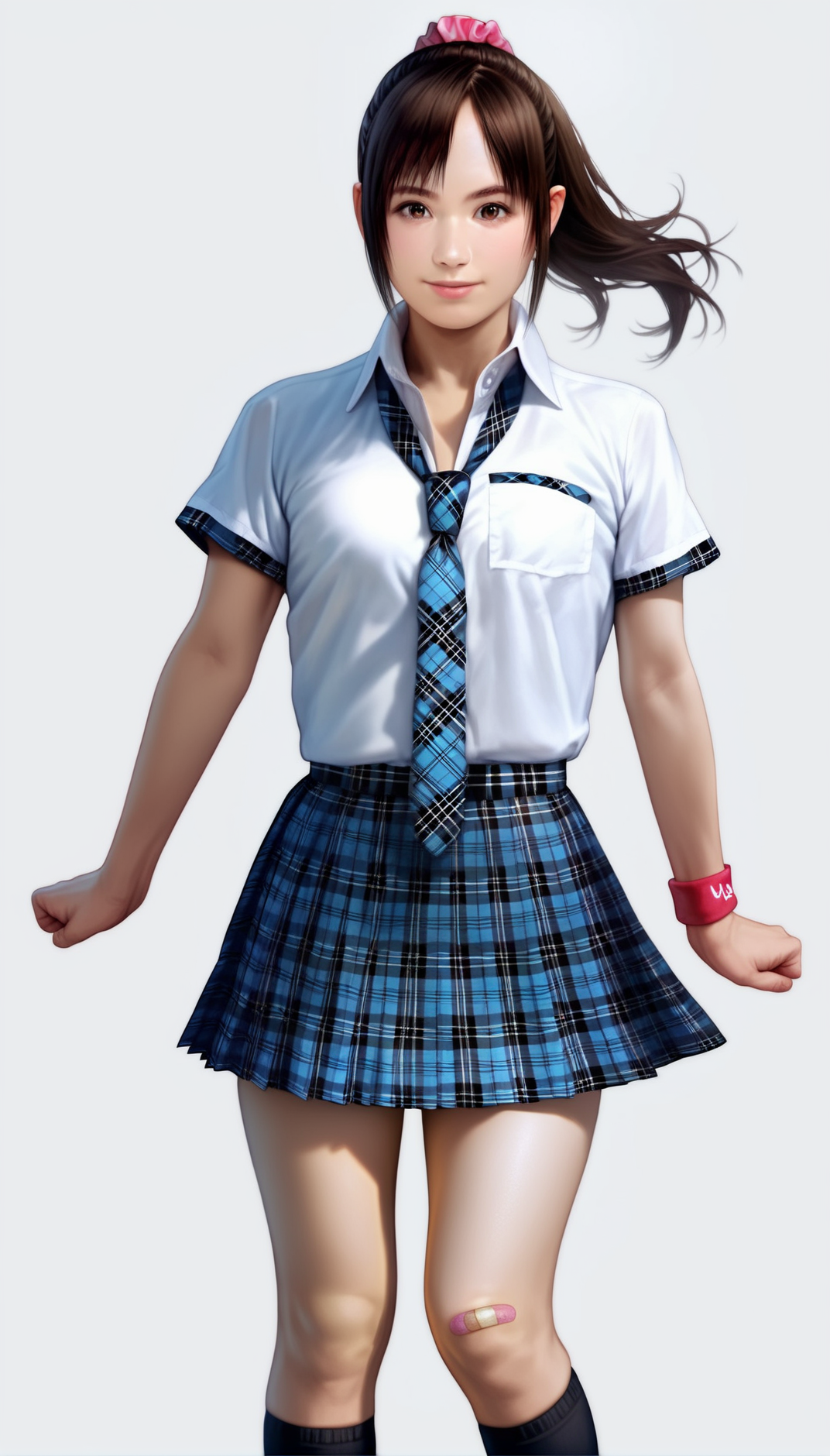 score_9,score_8_up,score_7_up,<lora:MiiyamotoHikari>,
miiyamotohikari,
photorealism,realistic,highres,
1girl,solo,black hair,ponytail,bangs,pink scrunchie,brown eyes,looking at viewer,smile,white collar shirt,blue plaid skirt,blue plaid necktie,red wristband,black kneehighs,bandaid on knee,brown leather shoes,full body,standing,right hand reaching towards viewer,left arm down,
white background,