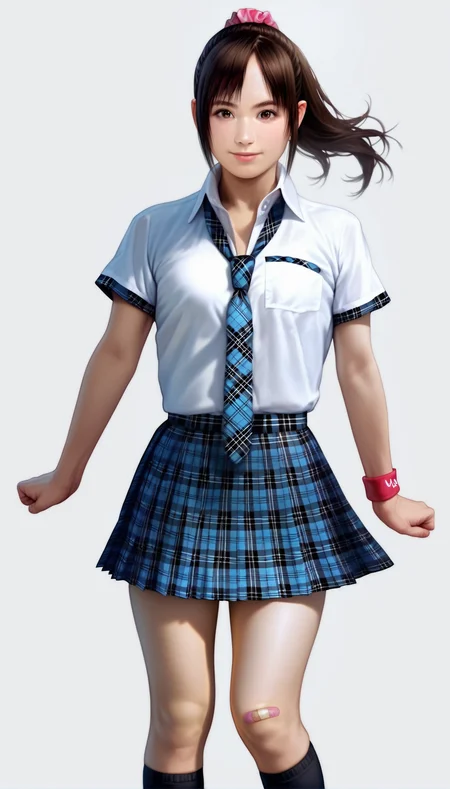 score_9,score_8_up,score_7_up,<lora:MiiyamotoHikari>,
miiyamotohikari,
photorealism,realistic,highres,
1girl,solo,black hair,ponytail,bangs,pink scrunchie,brown eyes,looking at viewer,smile,white collar shirt,blue plaid skirt,blue plaid necktie,red wristband,black kneehighs,bandaid on knee,brown leather shoes,full body,standing,right hand reaching towards viewer,left arm down,
white background,