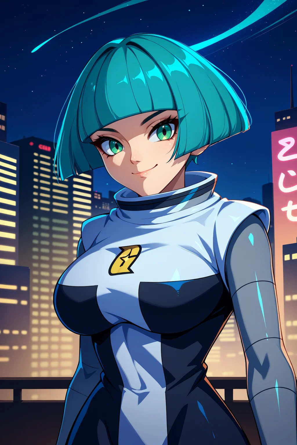 score_9, score_8_up, score_7_up, score_6_up, source_anime, 1girl, solo, <lora:pkmntgg-pdxl-nvwls-v1-000005:1> pmtgg, cyan hair, short hair, blunt bangs, green eyes, black and white dress, two-tone dress, grey bodysuit, bodysuit under clothes, grey pants, large breasts, looking at you, upper body, night sky, city, night, smile, portrait, happy, closed mouth