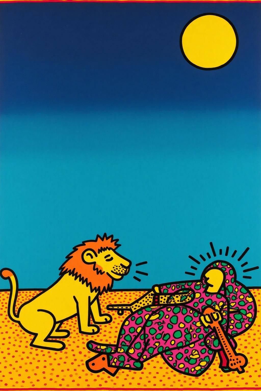 keithharing1 pop art illustration.
A serene, dreamlike desert landscape under a vast blue night sky. A lion, show in side profile view, is gently observes a sleeping Gypsy woman, who is dressed in vibrant, flowing garments with intricate patterns. She rests peacefully on the sand, beside a simple stringed instrument. The scene is set against a gradient blue sky transitioning from deep blue at the top to a lighter shade at the bottom, with a full moon in the upper right casting a soft, diffused light. <lora:keithharing1_cap_d6a3:1.0><lora:834310278138161636:0>