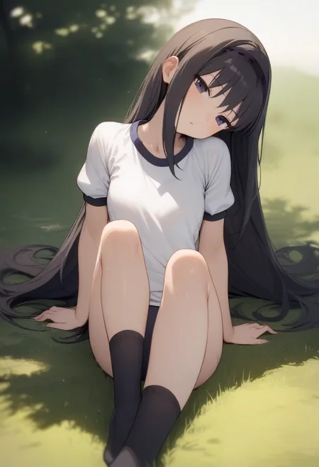 masterpiece,best quality,very aesthetic,absurdres,<lora:akemi_homura:1>,1girl, akemi_homura, black_buruma, black_eyes, black_hairband, black_socks, full_body, grass, gym_shirt, gym_uniform, head_tilt, long_hair, looking_at_viewer, sitting, solo, t-shirt, white_shirt