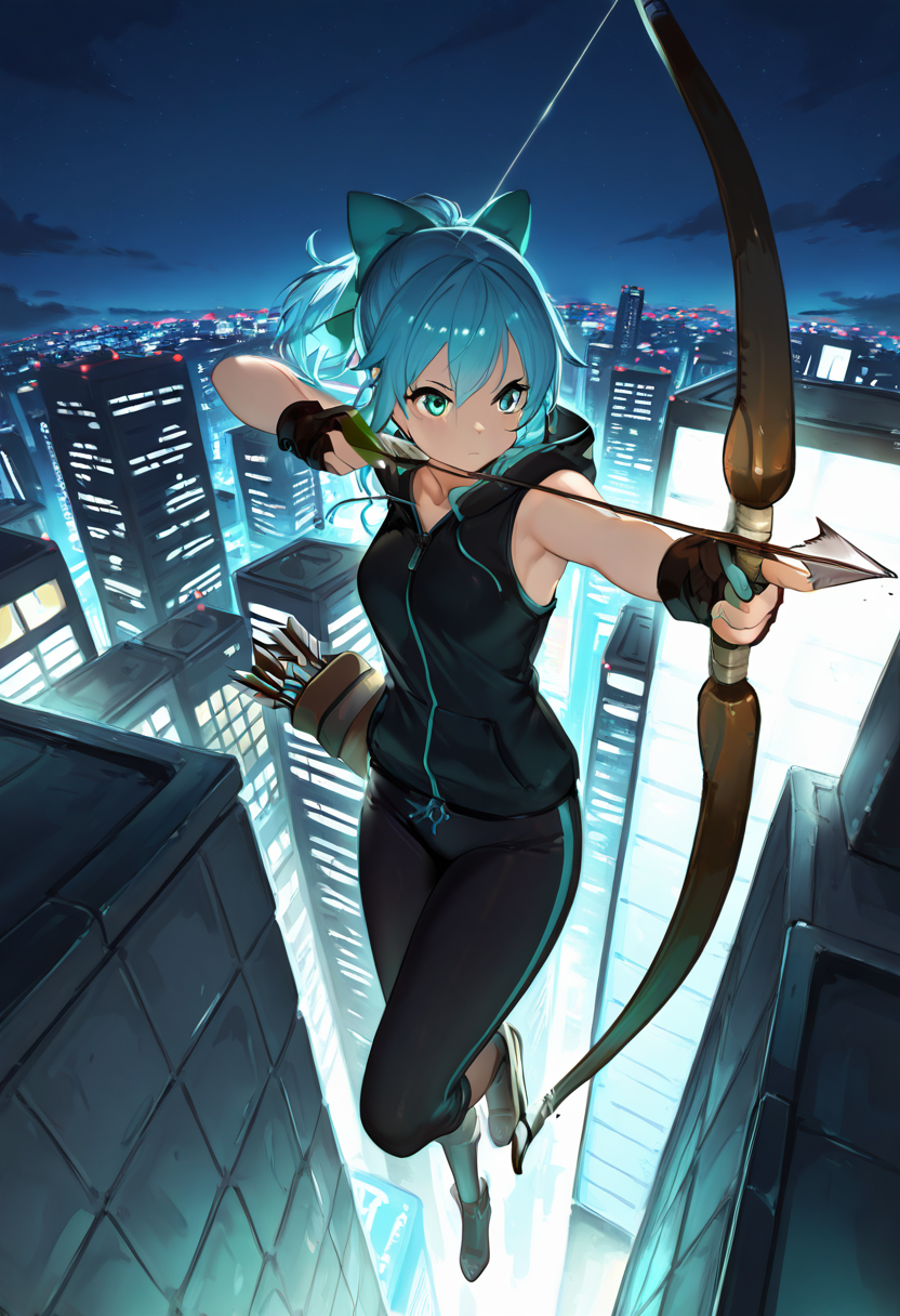 masterpiece, best quality,   zzArrow, zzAtU,  sleeveless hoodie, bow and arrow, city rooftop, aiming, neon lights, night sky, turquoise eyes, focused expression, blue hair, urban setting, full body, cityscape, determined pose, dynamic, action shot  ,(dynamic pose, foreshortening),  ,<lora:ZZArrow_IXL:1.0>,