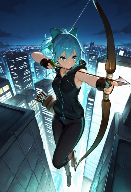 masterpiece, best quality, zzArrow, zzAtU, sleeveless hoodie, bow and arrow, city rooftop, aiming, neon lights, night sky, turquoise eyes, focused expression, blue hair, urban setting, full body, cityscape, determined pose, dynamic, action shot ,(dynamic pose, foreshortening), ,<lora:ZZArrow_IXL:1.0>,