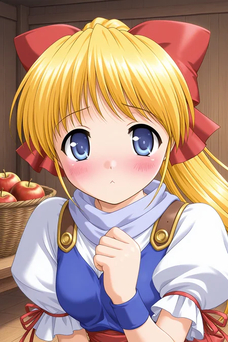 masterpiece, best quality, absurdres, official art, official style, rating general BREAK <lora:leticiaapple_IL_v1-1:0.7>, leticia apple, 1girl, solo, blue eyes, blonde hair, very long hair, high ponytail, small breasts, hair bow, large bow, red bow, casual, light purple scarf, blue tank top, white shirt, puffy short sleeves, red ribbon, arm ribbon, wristband, red sash, indoors, basket, apple, table, upper body, portrait, close-up,
blush, :/, :<, closed mouth, embarrassed, looking at viewer, shy, staring