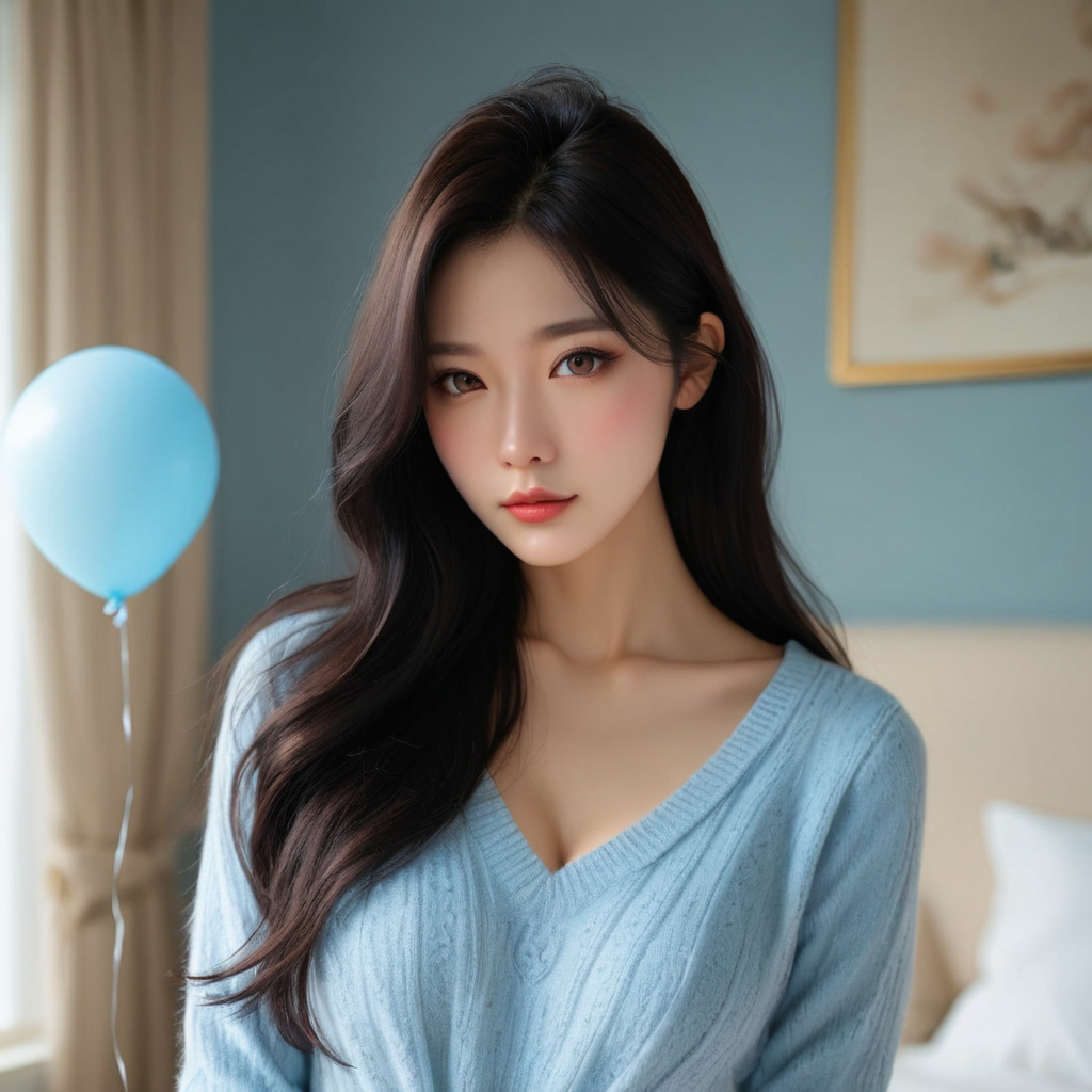 [2]a stunning real medium breasts Korean woman with long, flowing dark hair, her piercing gaze directly addressing the viewer. score_9, score_8_up, score_7_up, 4k, high quality, (best quality:1.1), realistic, photorealistic, close-up, upper body, (ultra HD quality details), High Fashion, A highly detailed, realistic digital photo of a Korean woman 28yo with a pale complexion, emphasizing her enigmatic and mystical aura,, high resolution, rich textures, and contemplative mood. Her eyes are a deep piercing and  brown, dynamic, dramatic, haute couture, elegant, ornate clothing, dark straight hair with a few loose strands framing her face, against a cyan gradient background, balloon, sweater, blue sweater, brown eyes, looking at viewer, blurry, realistic, long sleeves, upper body, blurry background, closed mouth, bangs, indoors, <lora:JennifePonySRV1:1>, <lora:add-detail-xl:0.5>, <lora:Expressive_H-000001:1.2>, <lora:IzayoiLycoXL:0.3>, embedding:pureerosface_v1, medium breasts,