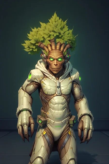 score_9, score_8_up, solo, <lora:NSTreantWoW:1> NSTreantWoW, brown skin, green eyes, glowing eyes, green hair, short hair, monster, white hoodie, <lora:JetstreamSam_XLPD:0.6> JetstreamSam, cyborg, bodysuit, headgear