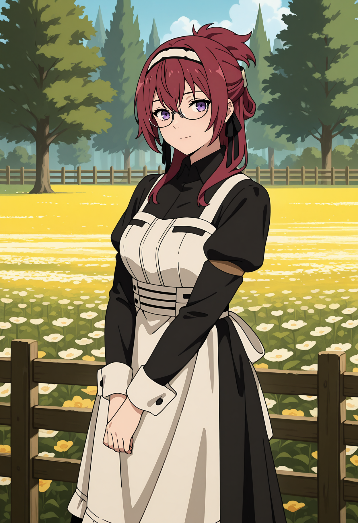 anime screencap, masterpiece, best quality,
<lora:MushokuTensei_LiliaGreyrat_IlluXL:0.9>,
1girl, closed mouth, light smile,
folded ponytail, red hair, purple eyes, semi-rimless eyewear, hair ribbon, white hairband,
LiliaGreyrat, collared shirt, black shirt, juliet sleeves, maid apron, white apron, long skirt, black skirt,
standing, looking at viewer, own hands together, cowboy shot,
outdoors, scenery, tree, medieval, fence, flower field