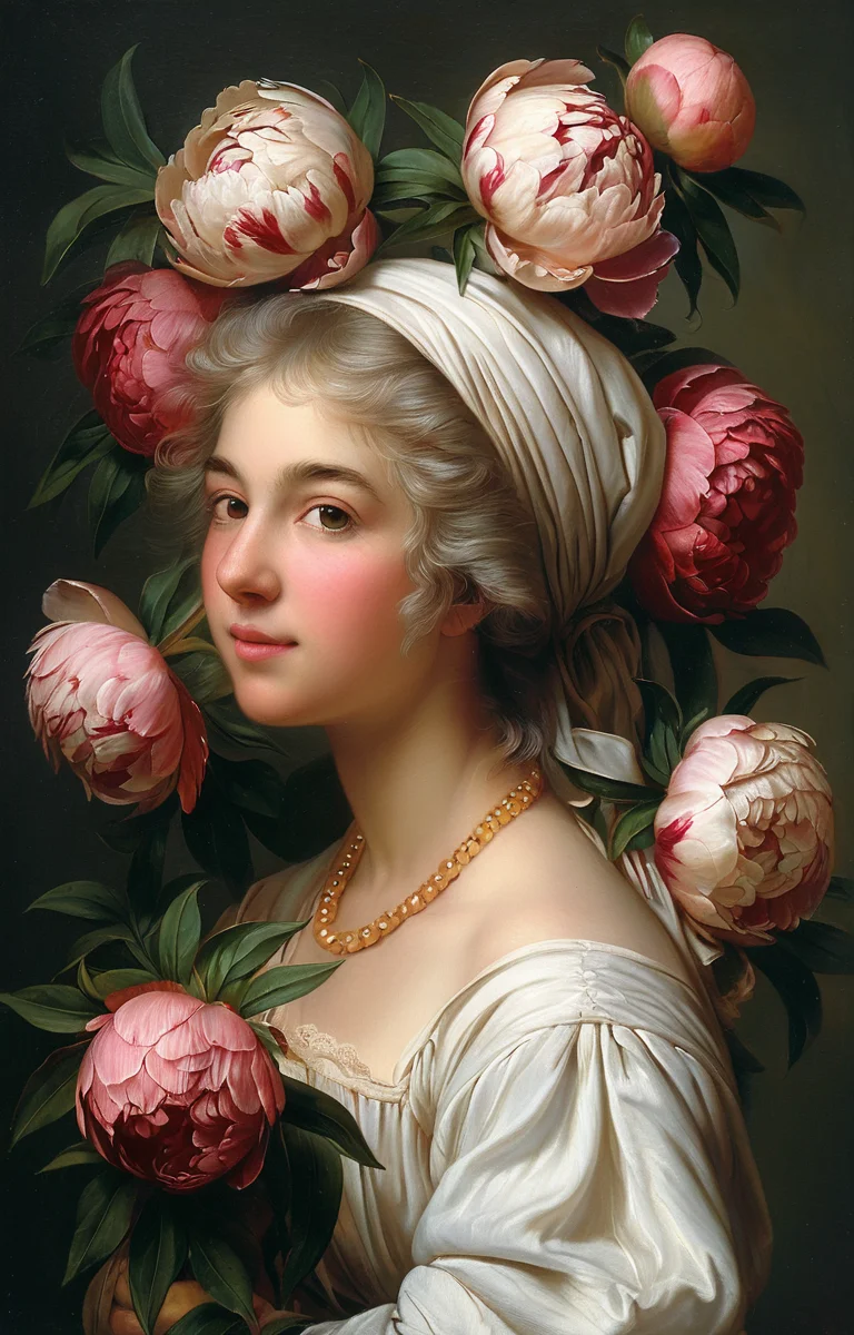 masterpiece,best quality,<lora:tbh152-sdxl:0.8>,illustration,style of Élisabeth Vigée-Lebrun decaying peonies