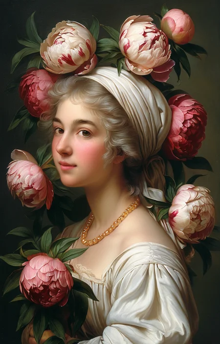 masterpiece,best quality,<lora:tbh152-sdxl:0.8>,illustration,style of Élisabeth Vigée-Lebrun decaying peonies