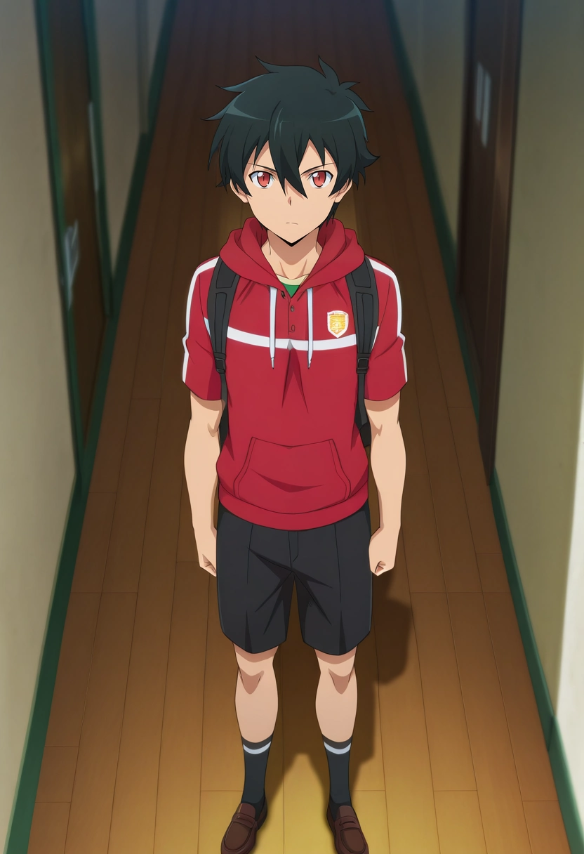 masterpiece, best quality, , anime screencap, anime coloring, official style, looking at viewer, 1boy, solo, male focus, <lora:sadao_maou_ilxl:0.92>, sadao_maou, black hair, red eyes, short hair, hair between eyes, , Pleated shorts, Rugby hoodie, Loafers, , andMilitary Backpack