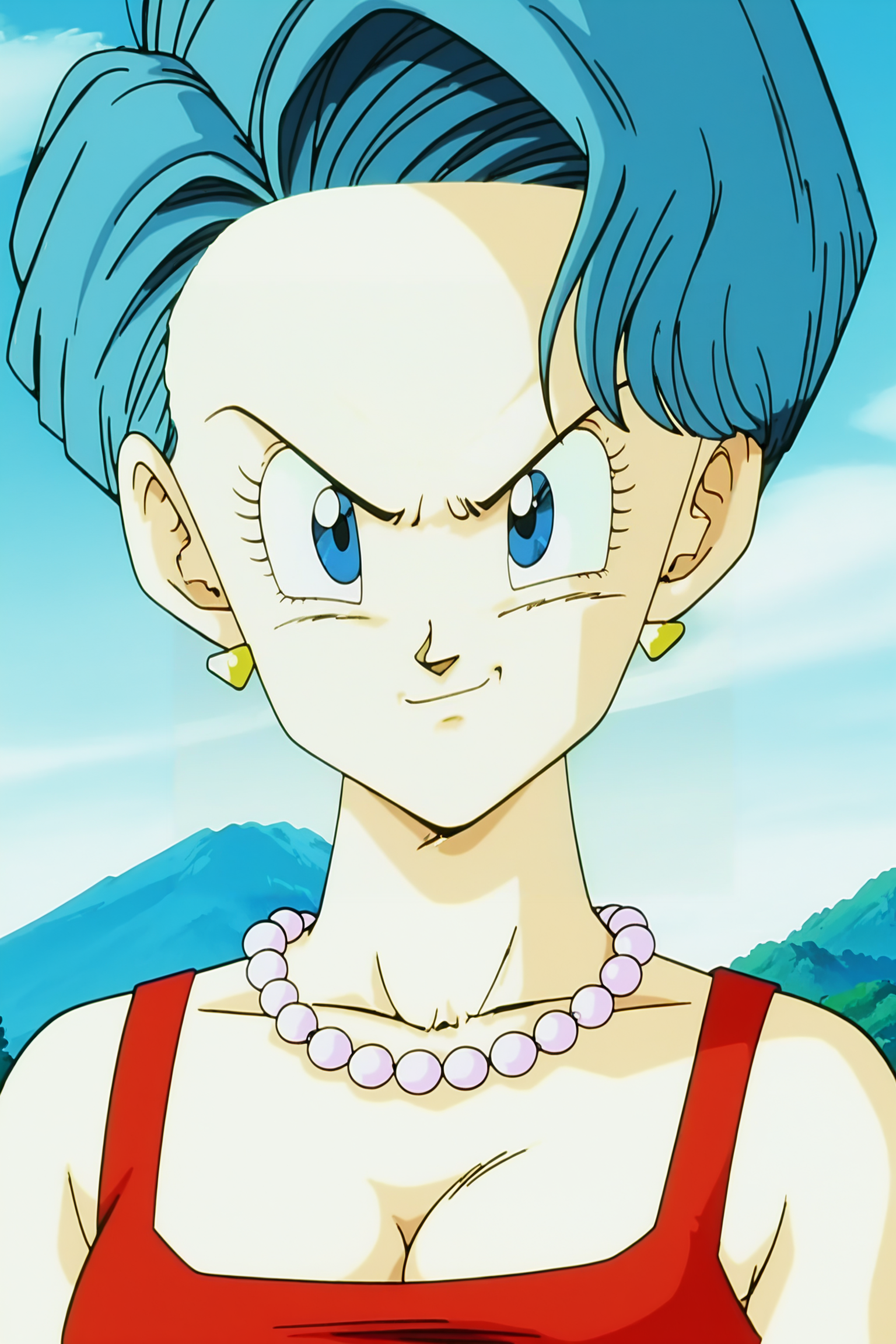 anime screencap, absurdres, high quality, official style,
bulma, dbz, end of z, 1990s \(style\), anime coloring, retro artstyle, 1girl, solo, breasts, short hair, blue eyes, red dress, cleavage, bare shoulders, medium breasts, blue hair, earrings, sleeveless dress, mountain, pearl necklace, wavy hair, portrait, v-shaped eyebrows, collarbone, eyelashes
<lora:Bulma_IL:0.8>