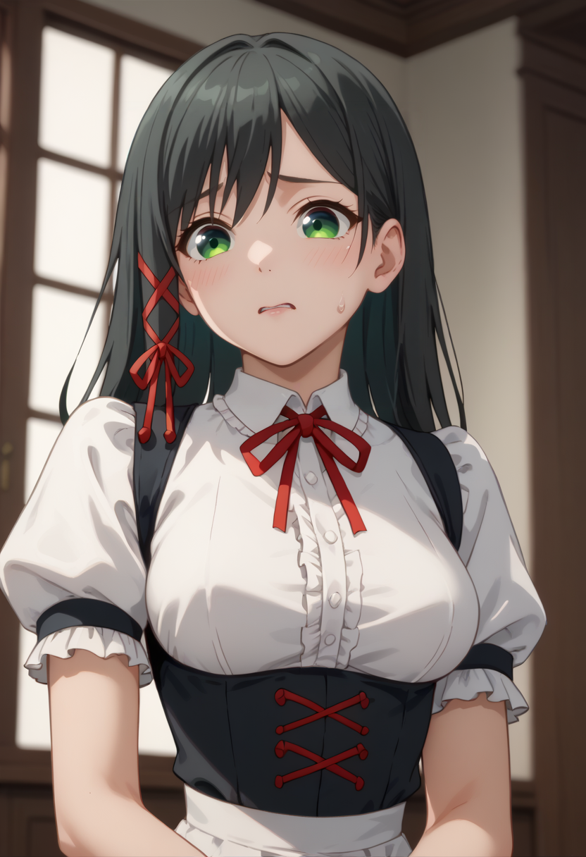 score_9, score_8_up,
1girl,  <lora:AmagamiYae_Amagamisan_PDXL:0.9>, amagamiyae, black hair, green eyes, red ribbon, hair ribbon,
french maid outfit ,
worried ,