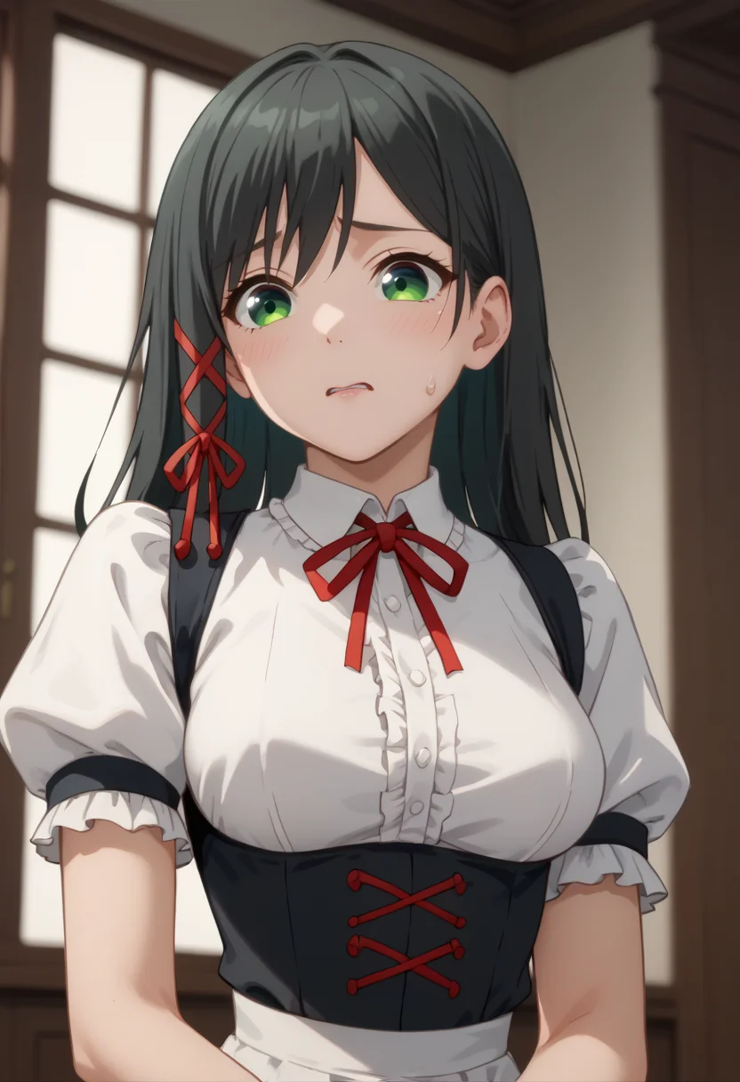 score_9, score_8_up,
1girl, <lora:AmagamiYae_Amagamisan_PDXL:0.9>, amagamiyae, black hair, green eyes, red ribbon, hair ribbon,
french maid outfit ,
worried ,