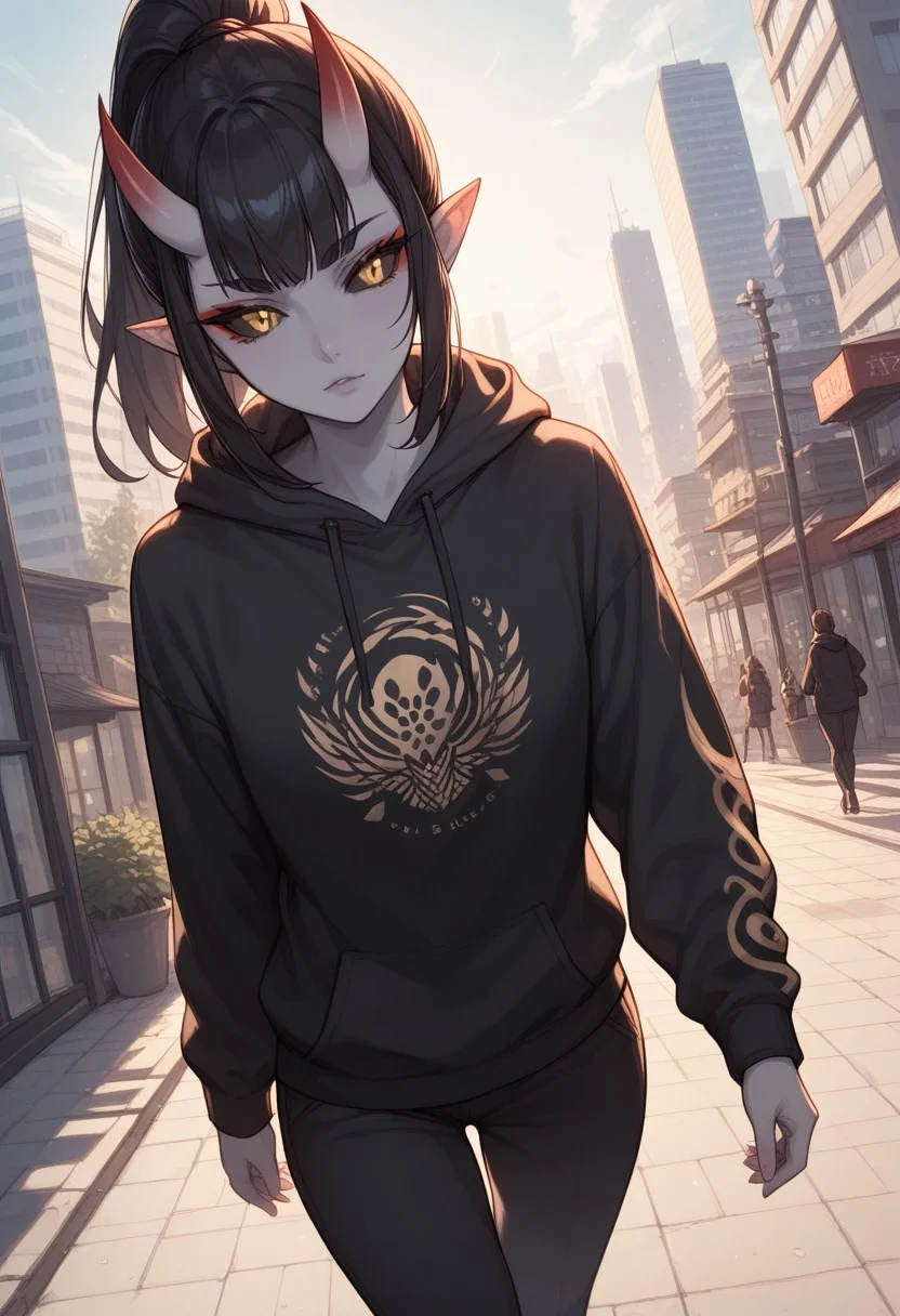 score_9, score_8_up, score_7_up, score_6_up, rating_questionable, 1girl, Polly, PollyRH, oni horns, pointy ears, colored sclera, third eye, black sclera, slit pupils, grey skin, long black hair, ponytail, gold eyes, HD32k, dynamic pose, aesthetic, perspective, solo, detailed, sensual look, walking, black print hoodie, pants, city, angle shot, take away coffee, looking away, pensive