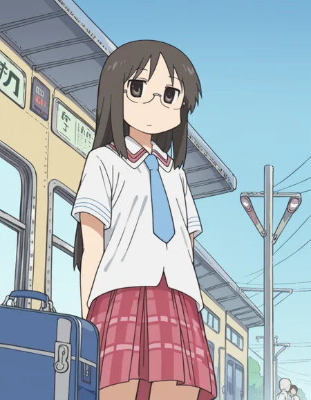 score_9, score_8_up, score_7_up, source_anime, <lora:mai-minakami-s1-ponyxl-lora-nochekaiser:1>, mai minakami, long hair, black hair, glasses, black eyes,, skirt, school uniform, necktie, tokisadame school uniform, train station, waiting for train, suitcase, traveling, commute, city skyline, hands behind back,, , from below, looking at viewer, solo,, dutch angle, cowboy shot
