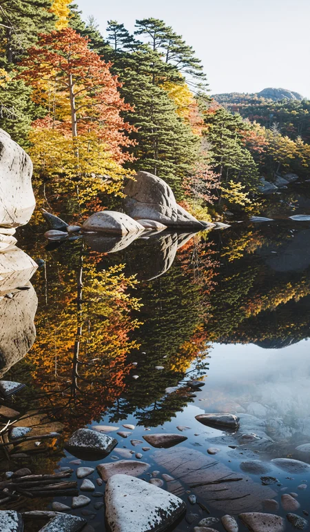 Killarney Provincial Park in Ontario in autumn, Canada, ultra long exposure shot, serene, minimalist, clean, perfect composition, stunning, film grain, atmospheric, vibrant colors, reflections, shadowplay