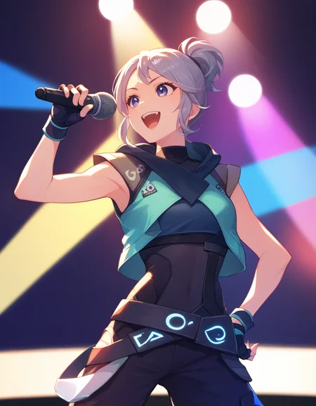 score_9, score_8_up, score_7_up, source_anime
<lora:jett-ponyxl-000020:1> j37t, bodysuit, cropped jacket, hooded jacket, fingerless gloves,
1girl, solo, stage, stage lights, idol, singing, microphone