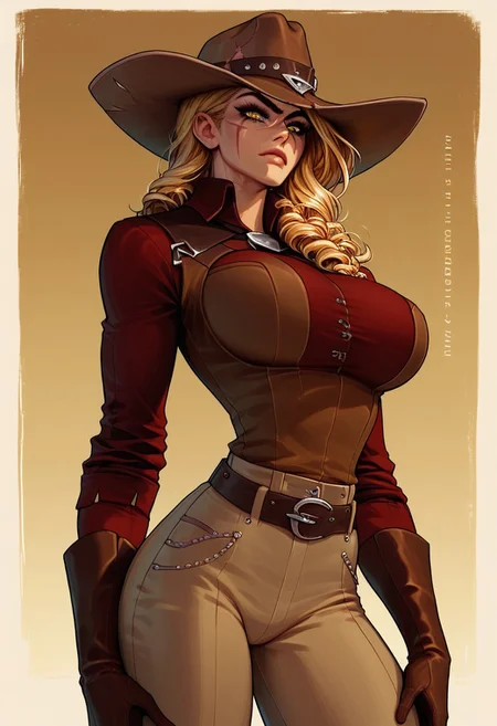 Score_9, Score_8_up, Score_7_up, Score_6, Score_5, Score_4,((best quality)) ultra detailed, aesthetic, extremely detailed eyes and face, perfect body, perfect eyes,
1girl, solo, blonde curls, early colored eyes, scar on the face, scar on the nose, scars on the body,
Slim Figure, Narrow Waist, Wide Hips, (High Breasts), big breasts, Perfect Round Breasts, Perfect Round Butt,
-- clothes -- cowboy hat, leather vest, long sleeved shirt, gloves, cowboy boots, sheriff's badge,
((wild west,Girl standing in the saloon, serious expression on her face.))