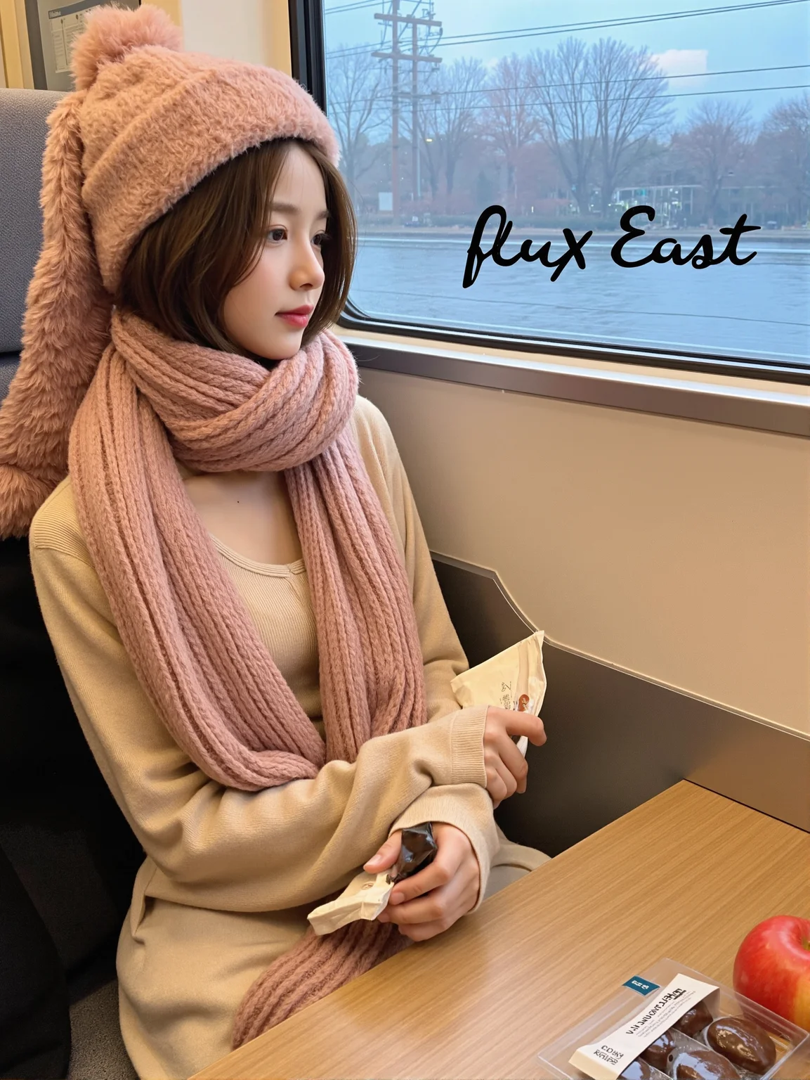 This is a clear, high-resolution everyday life photo with a casual style. In the picture, a young girl is sitting on a train. She is wearing a pink fluffy hat and scarf, a beige top and pants, and looks very warm. Her hair is brown and falls over her shoulders. She is looking out the window, which shows bare trees and blue water outside. On the table next to her, there is a pack of chocolate-flavored mini cakes and an apple.
There is a prominent artistic font above the picture, which reads' fluxEast 'in English