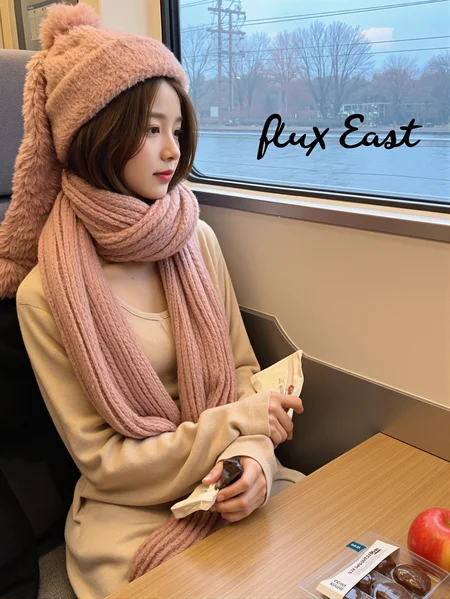 This is a clear, high-resolution everyday life photo with a casual style. In the picture, a young girl is sitting on a train. She is wearing a pink fluffy hat and scarf, a beige top and pants, and looks very warm. Her hair is brown and falls over her shoulders. She is looking out the window, which shows bare trees and blue water outside. On the table next to her, there is a pack of chocolate-flavored mini cakes and an apple.
There is a prominent artistic font above the picture, which reads' fluxEast 'in English
