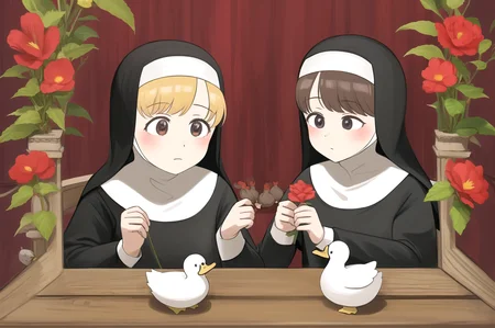 littlenuns, multiple girls, flower, nun, detailed, duck, <lora:littlenuns-000020:0.5>, masterpiece, best quality