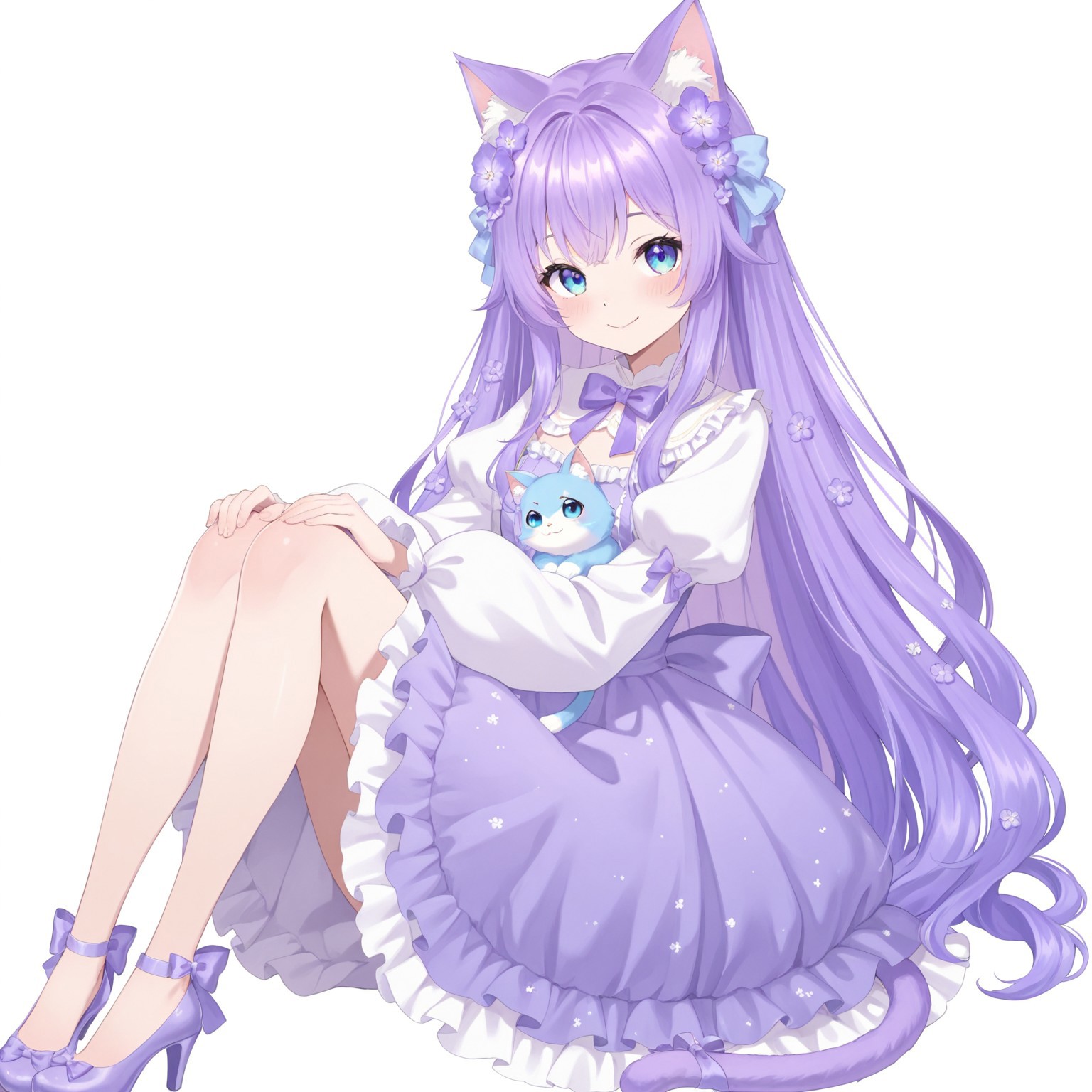 score_9, score_8_up, score_7_up, score_6_up, anime, beautiful, stunning, masterpiece, best quality, amazing quality,

perolya, 1girl, upper body,  animal ears, tail, solo, cat ears, dress, purple hair, cat tail, blue eyes, cat girl, long sleeves, purple footwear, Closed Mouth, smile, purple dress, very long hair, animal ear fluff, hair ornament, looking at viewer, hair flower, virtual youtuber, bow, frills, high heels, frilled dress, shoes, puffy sleeves, puffy long sleeves, purple flower, purple bow

simple background, white background,
