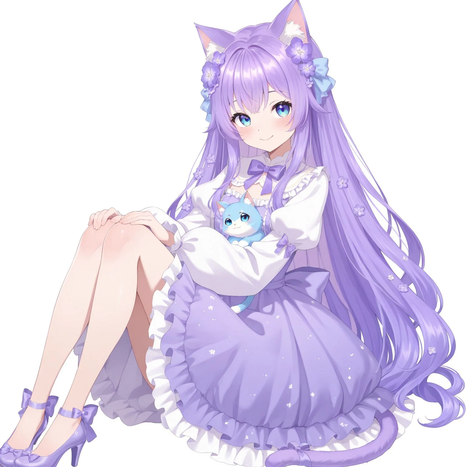 score_9, score_8_up, score_7_up, score_6_up, anime, beautiful, stunning, masterpiece, best quality, amazing quality,
perolya, 1girl, upper body, animal ears, tail, solo, cat ears, dress, purple hair, cat tail, blue eyes, cat girl, long sleeves, purple footwear, Closed Mouth, smile, purple dress, very long hair, animal ear fluff, hair ornament, looking at viewer, hair flower, virtual youtuber, bow, frills, high heels, frilled dress, shoes, puffy sleeves, puffy long sleeves, purple flower, purple bow
simple background, white background,