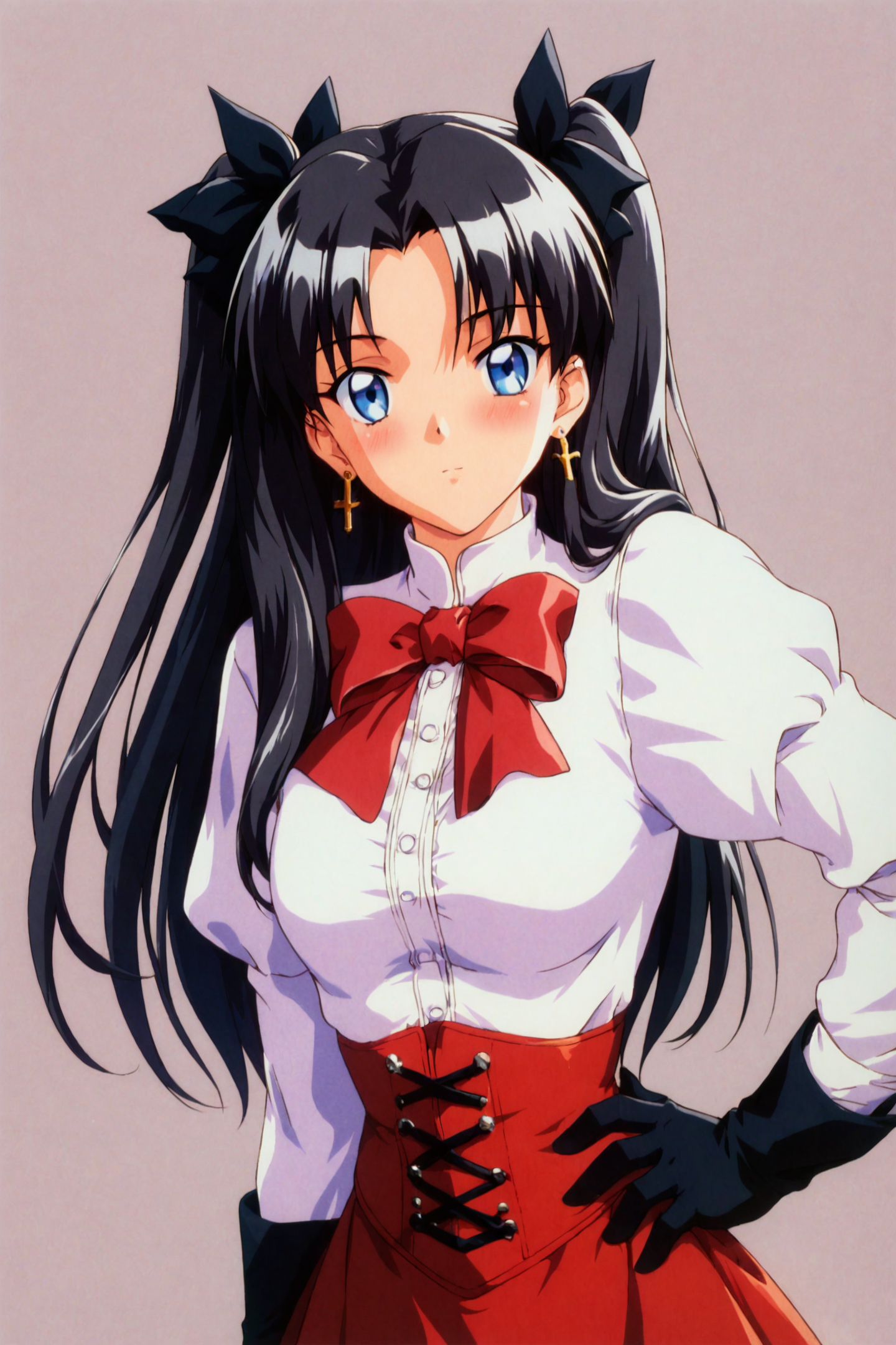 score_9,score_8_up,score_7_up,masterpiece,best quality,
1girl,solo,long hair,earrings,jewelry,gloves,two side up,black hair,pantyhose,tohsaka rin,long sleeves,looking at viewer,cross,black gloves,bow,blue eyes,bangs,ribbon,black pantyhose,skirt,parted bangs,red bow,puffy sleeves,red skirt,blush,closed mouth,corset,breasts,arm up,hair ribbon,cowboy shot,hand on hip,bowtie,hair bow,frills,cross earrings,dress,shirt,white shirt,black ribbon,black bow,1990s \(style\),retro artstyle,
<lora:Tokimeki Memorial 2_XL_PONY:0.9>,
