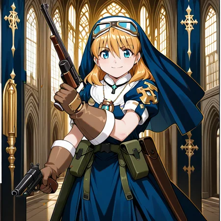 <lora:IL_Rosette_Christopher:1>,Rosette Christopher,1girl,exorcist clothes,necklace,pendant watch,brown gloves,gun belt,goggles on head,(mauser:1.3),r_government,(dual wielding:1.3),smile,cathedral,r_government in the left hand,mauser in the right hand,