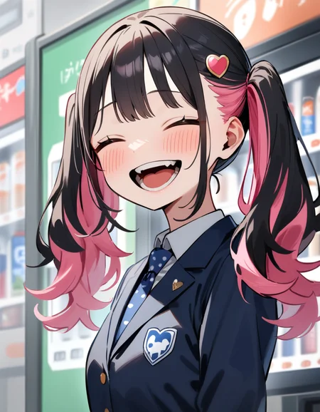 1girl, solo, standing, upper body, smile, open mouth,   tongue, teeth,^ ^, closed eyes, arms at sides,  from side,  facing viewer
Kashiro-san,  two-tone hair, black hair, pink hair, twintails, heart hair ornament, brown eyes,blush,
RDGirlSchoolUniform, dark blue blazer, lapel pin, collared shirt,  blue necktie, polka dot
RDSE school emblem,
newest <lora:[AnimagineXL_V3.1]Kashiro-san_RuriDragon_v.1.0:0.9>  vending machine, school indoors,, masterpiece, best quality, very aesthetic, absurdres