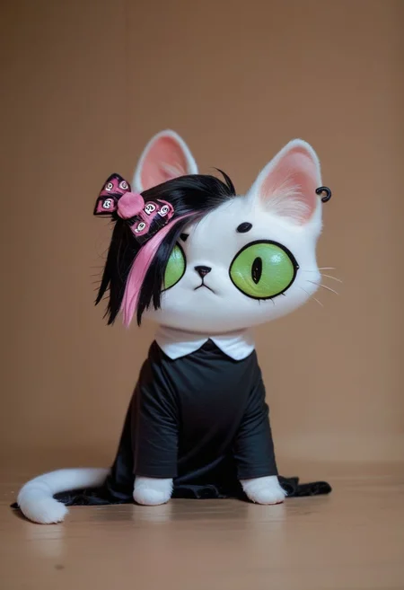 score_9, score_8_up, score_7_up, score_6_up,
digital art,
Mursday, 1girl, cat girl, white fur,
black dress, multicolored hair, green eyes, bow,
raw, photo, realistic,